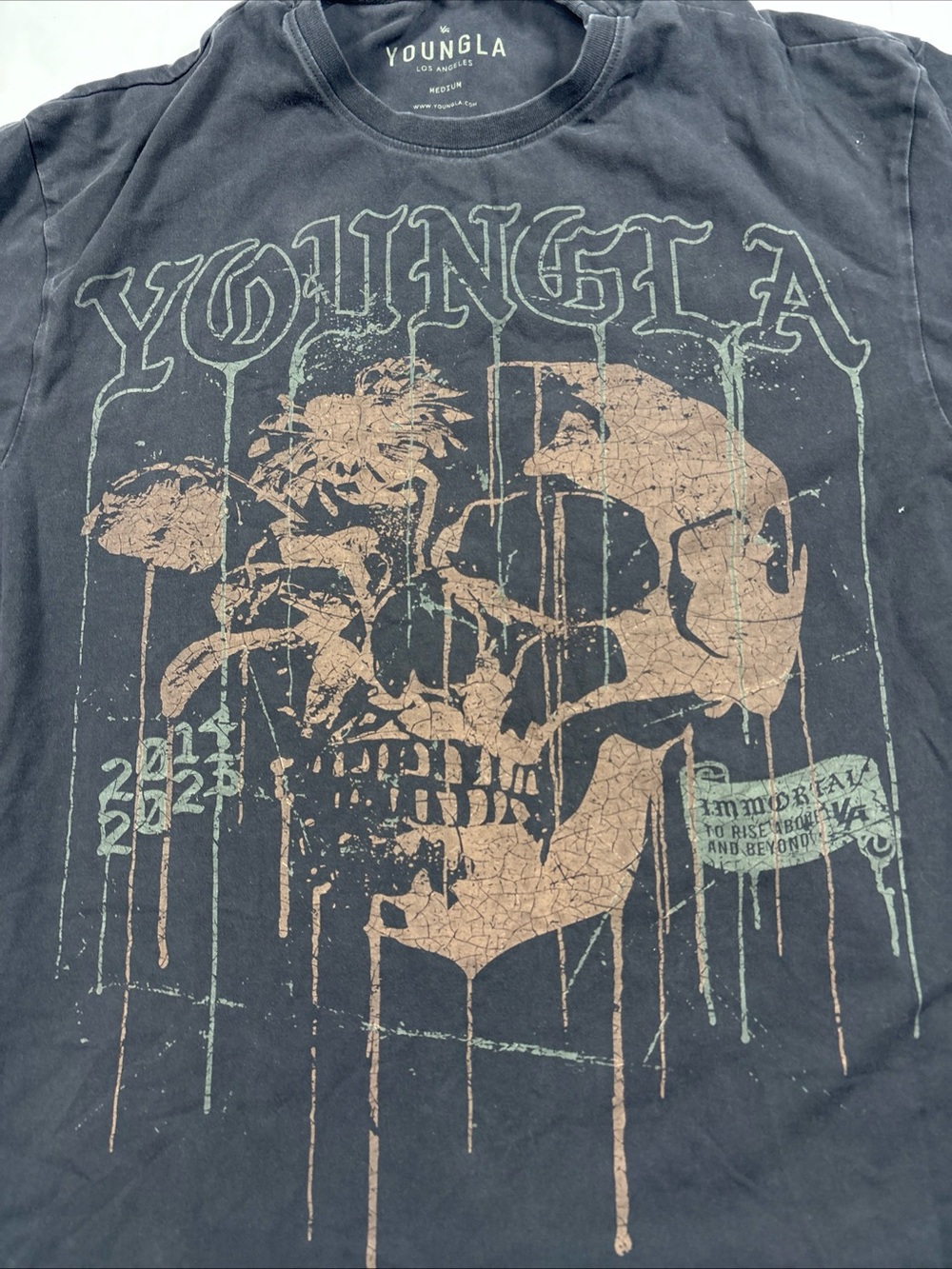 YoungLA Black Short-Sleeve Graphic Skull Tee with Tan & Faded Green Print - Picture 2 of 7